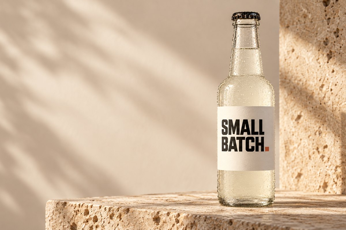 Chilled Small Batch craft beverage bottle with branded label and condensation on a limestone plinth in natural sunlight